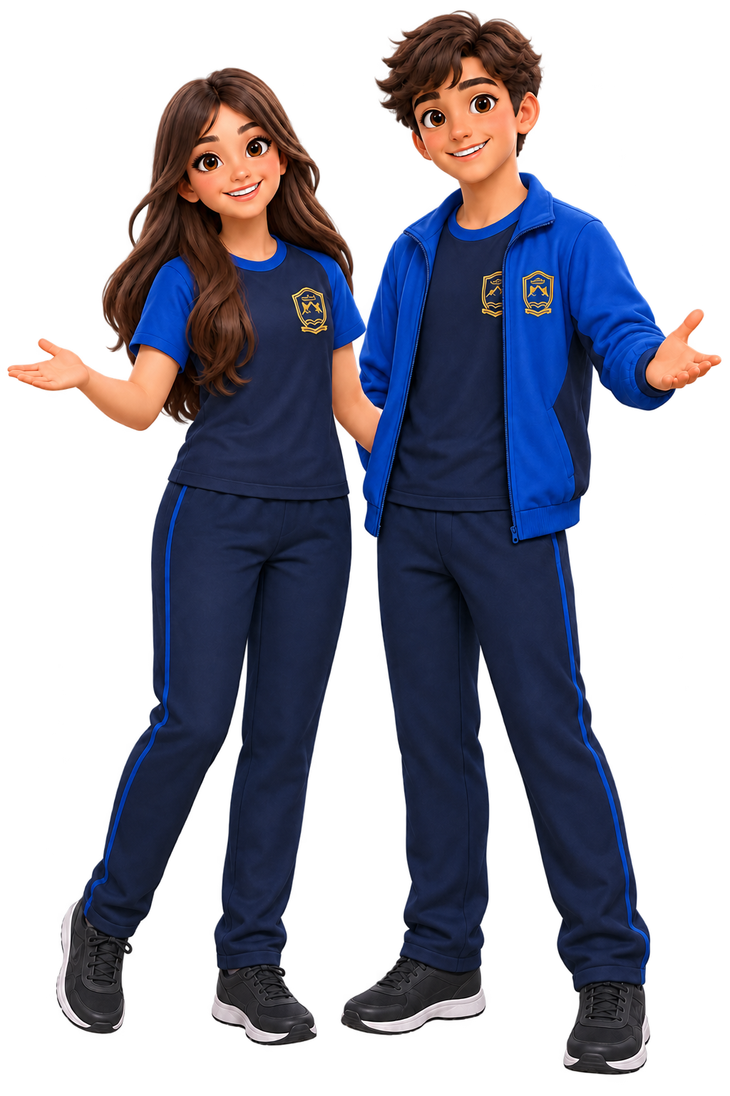 Estudiantes caricaturizados con uniforme institucional